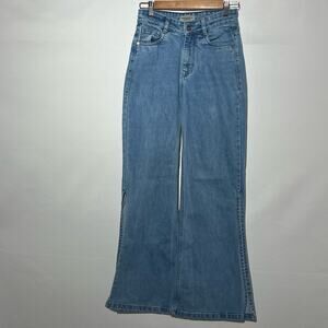 Koovs High Rise Long Side Slit Flare Legs Denim Jeans Blue Womens Size 24 Retro